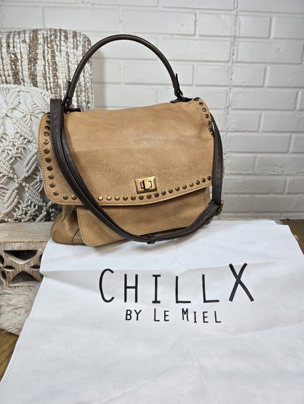ChillX by Le Miel Tan and Brown Studded Leather Satchel Crossbody Bag Large